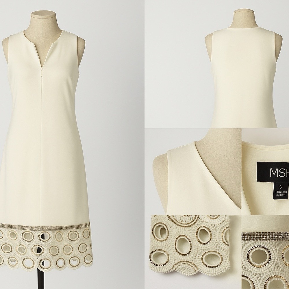 MSK Size S Cream Shift Dress Sleeveless Rhinestone Lace‎ Hem Cocktail Holiday